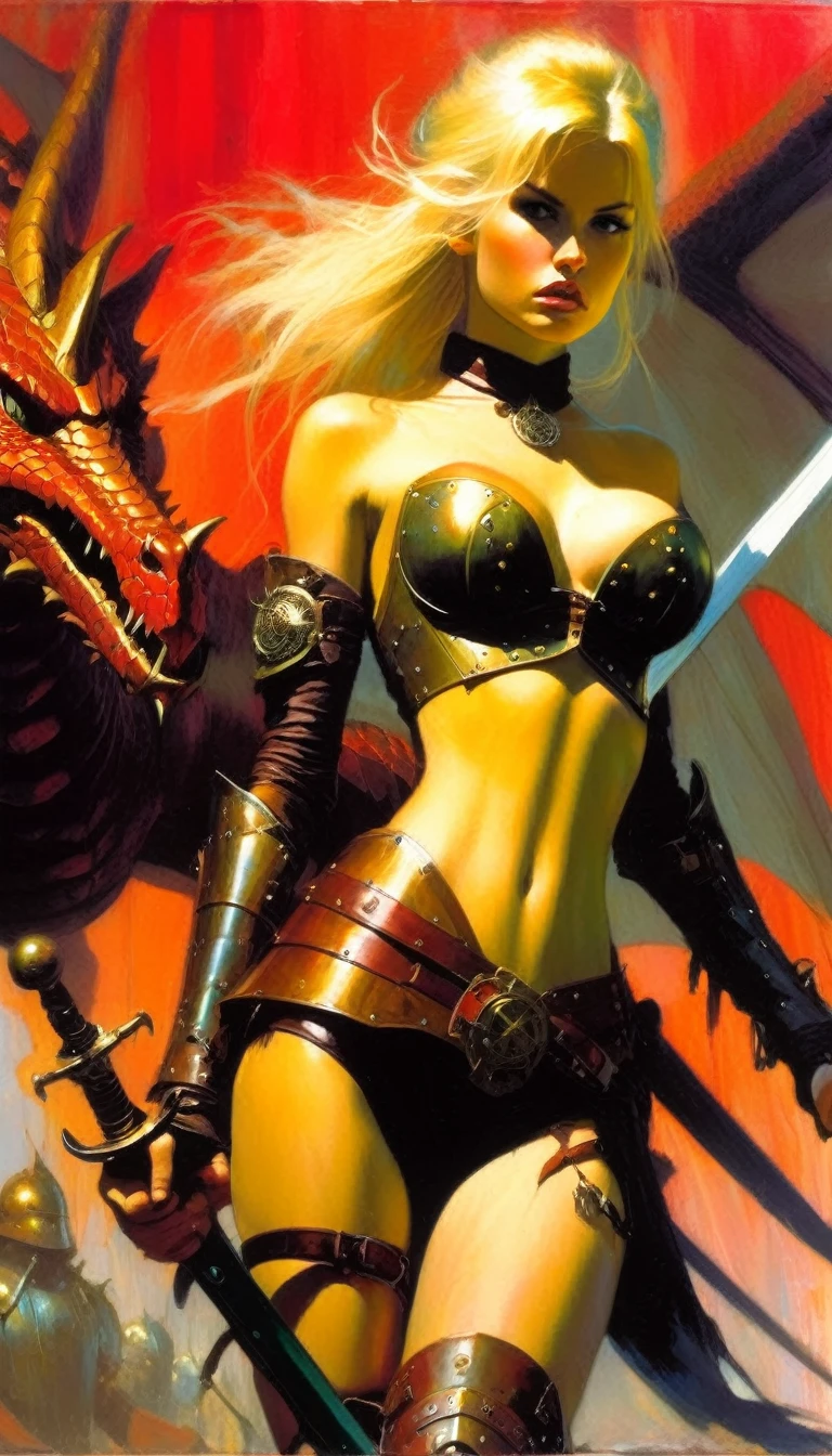 blonde girl, warrior, steampunk armor, carries a sword, marked nipples, natural breasts, fighting alongside a dragon in a bloody battle (art inspired by Bill Sienkiewicz). oil painting)