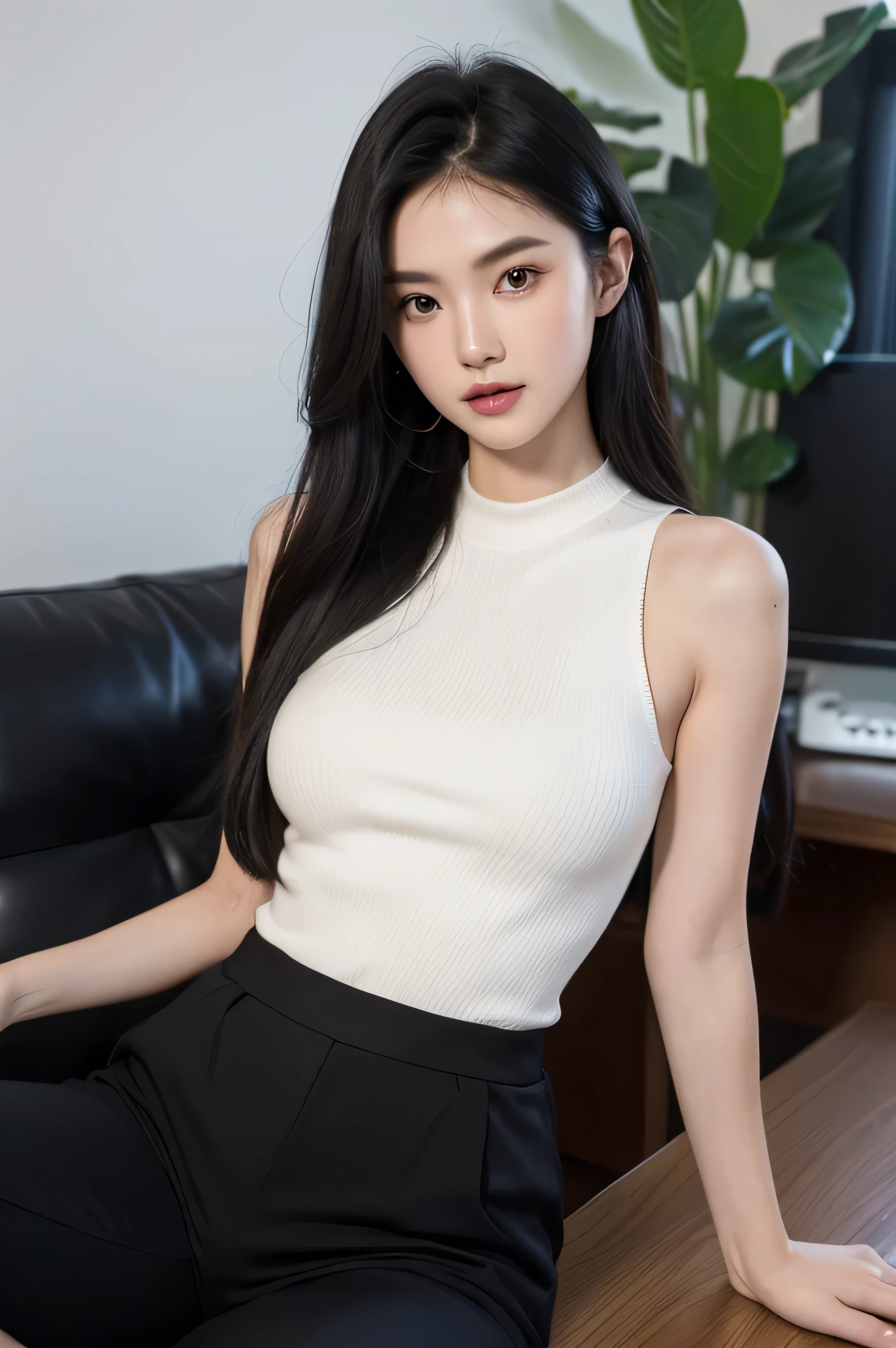 highly detailed face and outfit, ray tracing, 8k, ultra realistic, 21 years old, model, tall, perfect body, passionate and cute look, long black hair, black eyes, office outfit, knitted top and tigjt long pants, small firm breasts, light skin, sitting on table, legs spread wide open, hands at the back