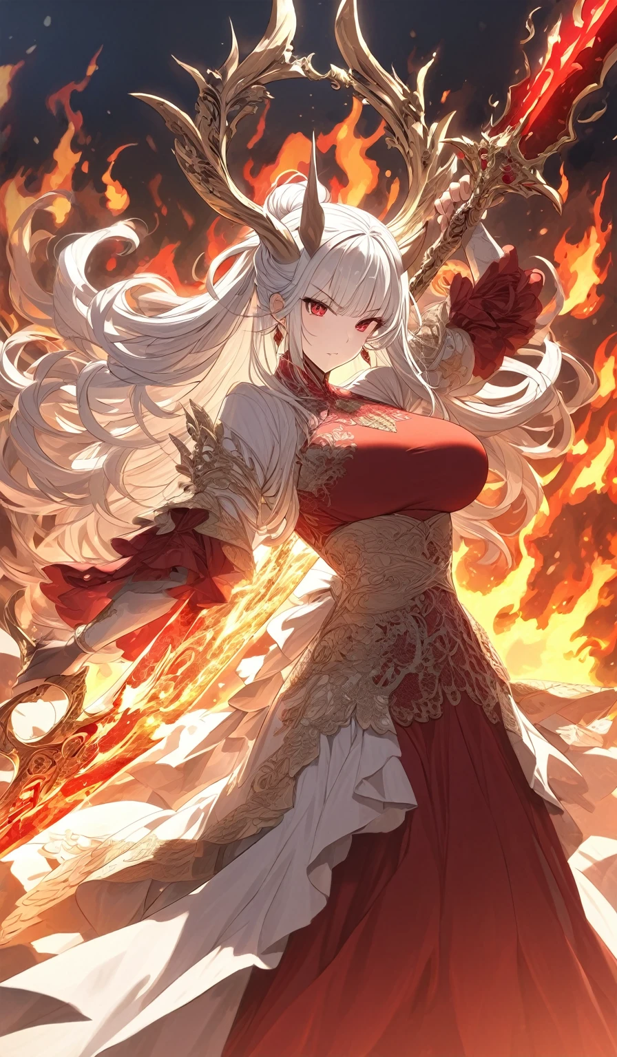 A masterpiece, very detailed, ultra detailed, one, (1 woman), athletic body, six press packs, she is in a ballroom lace red dress with bright gold details, with a fiery sword in her hand and in a standing and fighting position, super mature, tall, milf-style, mature mother, long hair, bright white hair and wild bangs and tied hair, white demonic horns, beautiful, charming, bright blood-red eyes, elegant, large breasts, neutral face, calm face, charming, against the background of fire, flame and lava.