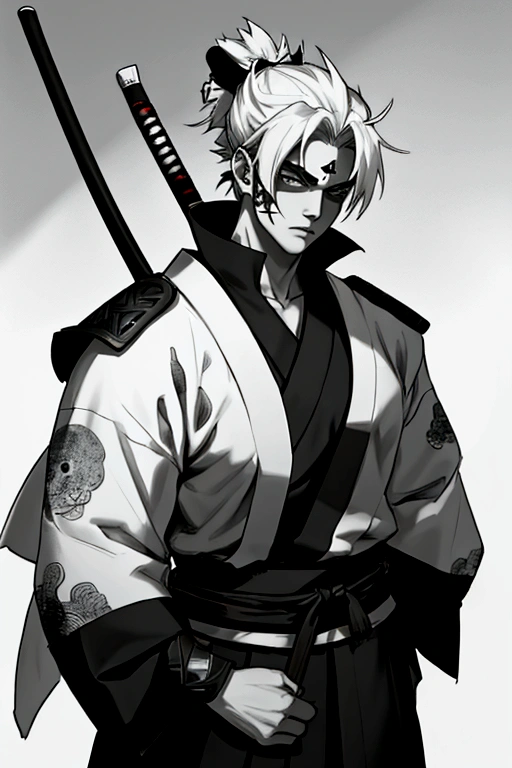 male character,White skin,Samurai warrior,detailed shadows on the body,holding a flag of black and white lines,background of a relief of a Japanese mountain