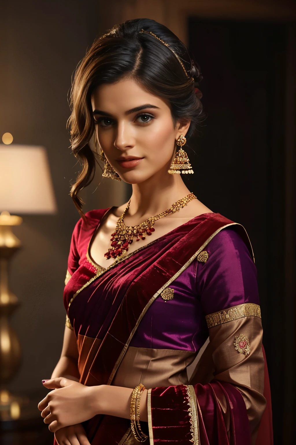In this photograph, an Indian Instagram female model in her mid-20s takes hugging her self. (highly detailed face:1.4) (smile:0.7) (background 5-star hotel, moody, private study:1.0V, by Lee Jeffries, Nikon D850, film stock photograph, 4 Kodak Portra 400, camera f1.6 lens, rich colors, hyper-realistic, lifelike texture, dramatic lighting, Cinestill 800, realistic). She is wearing a traditional (( red and violet combined velvet saree))that exudes elegance and sophistication. The saree features a vibrant and intricate design with rich colors and detailed patterns, draped gracefully around her. The blouse is sleeveless but with intricate embroidery and beadwork, complementing the saree’s luxurious fabric. She is tying her hair with raised hands, Completing her look, she adorns herself with traditional jewelry, including bangles, earrings, and a necklace. The model's hair is styled in a classic bun with jasmine flowers, adding a modern twist to her traditional attire. 

The photograph is meticulously captured in 8K resolution using cutting-edge techniques such as Cinema 4D and Octane Render, resulting in a highly detailed and photorealistic image. Studio lighting, HDR, and a smoky mist create a captivating ambiance, while the bokeh effect adds an artistic touch.