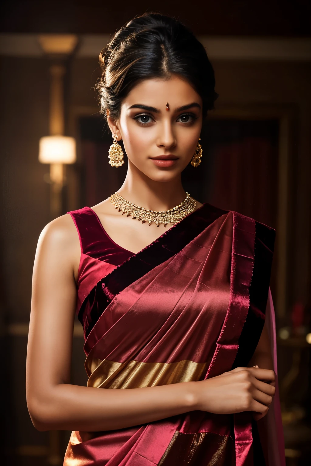 In this photograph, an Indian Instagram female model in her mid-20s takes hugging her self. (highly detailed face:1.4) (smile:0.7) (background 5-star hotel, moody, private study:1.0V, by Lee Jeffries, Nikon D850, film stock photograph, 4 Kodak Portra 400, camera f1.6 lens, rich colors, hyper-realistic, lifelike texture, dramatic lighting, Cinestill 800, realistic). She is wearing a traditional (( red and violet combined velvet saree))that exudes elegance and sophistication. The saree features a vibrant and intricate design with rich colors and detailed patterns, draped gracefully around her. The blouse is sleeveless but with intricate embroidery and beadwork, complementing the saree’s luxurious fabric. She is tying her hair with raised hands, Completing her look, she adorns herself with traditional jewelry, including bangles, earrings, and a necklace. The model's hair is styled in a classic bun with jasmine flowers, adding a modern twist to her traditional attire.
The photograph is meticulously captured in 8K resolution using cutting-edge techniques such as Cinema 4D and Octane Render, resulting in a highly detailed and photorealistic image. Studio lighting, HDR, and a smoky mist create a captivating ambiance, while the bokeh effect adds an artistic touch.