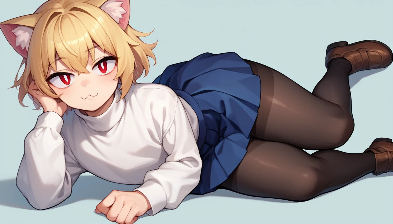 score_9, score_8_up, score_7_up, score_6_up, score_5_up, score_4_up, BREAK, 1boy, solo, necoarc, lit pupils, cat ears, blonde hair, red eyes, :3, turtleneck, blue skirt, pleated skirt, pantyhose, brown footwear, highlight thighs, thick thighs, looking at the viewer 