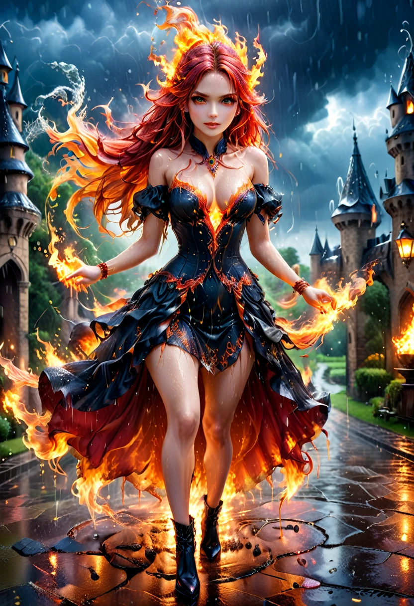 a sorceress of fire making fire dance in a the (storm of rain: 1.3), a most exquisite beautiful sorceress, controlling fire manipulating fire, a woman, dynamic hair color, dynamic hair style, (most beautiful face: 1.3), (ultra detailed face: 1.2), wet hair, wet face, dynamic eyes color, full body shot, wearing dress made of fire, wearing intricate high heels, light make up, dancing in courtyard of a fantasy castle background, ((heavy rain drops: 1.1)), clouds in the sky, (anatomically correct: 1.4), (full body shot: 1.1) , vibrant, Ultra-high resolution, High Contrast, (masterpiece:1.5), highest quality, Best aesthetics), best details, best quality, highres, ultra wide angle, 16k, [ultra detailed], masterpiece, best quality, (extremely detailed), faize, Intense gaze