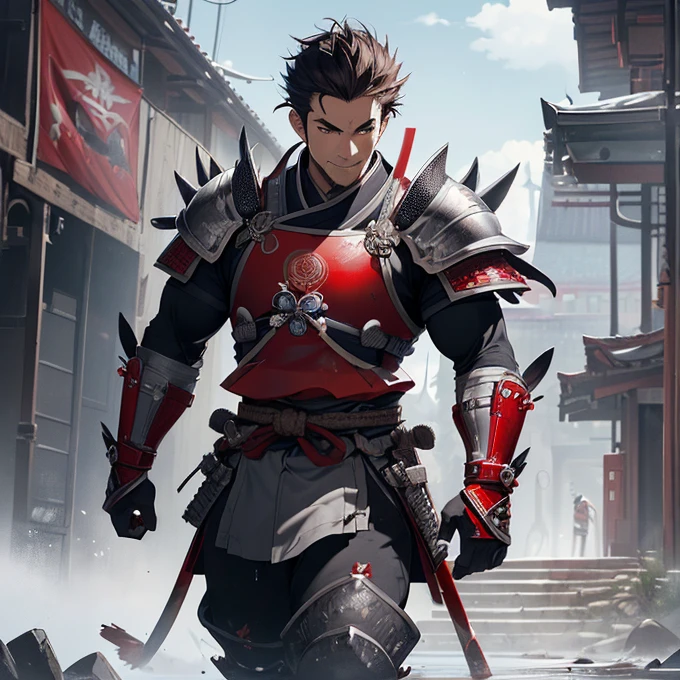 (absurdres, best high quality image, carefuly detailed features and textures, very detailed image, solo character alone, full front view): {{(1character: 36 years old human male samurai), ((fair skin), (asian shaped brown eyes), (brown short spiky hair), (brown thick eyebrows), (handsome features, manly atractive)), (fantasy samurai grey-red armor, red bulky samurai shoulder plates, red bulky samurai elbows and gauntlets, grey samurai breast plate, grey samurai armored hips, red samurai steel boots, red belt), (silver long huge katana on his back), (walking around, relaxed smile), (cathedral garden)}}