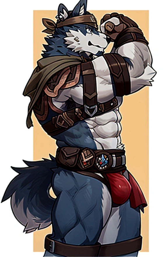 Sexy anthro furry wolf male, gay, kinky, sexy furry warior, headband shaggy shag, worn out skimpy leather armament, low on hips leather belt with worn out skimpy brown leather jockstrap, leather heavy harness armor, leather bondages, fingerless leather gloves, he is fucking with other smae loking wolf furry warrior, his hard dick is inside ass of other warrior, knelling from behind position, gay sex, cum cumshoot, orgasm, side view