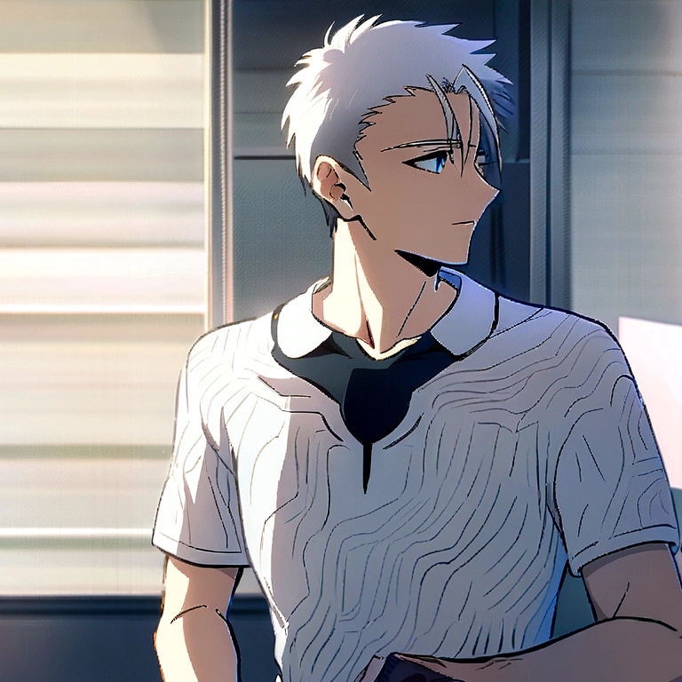 Anime boy with white hair and blue eyes staring at the camera, hajime yatate, kaworu nagisa, white haired Cangcang, gapmoe yandere, male anime character, Tall anime guy with blue eyes, whaite hair,White-haired god, kaneki ken, Male anime style