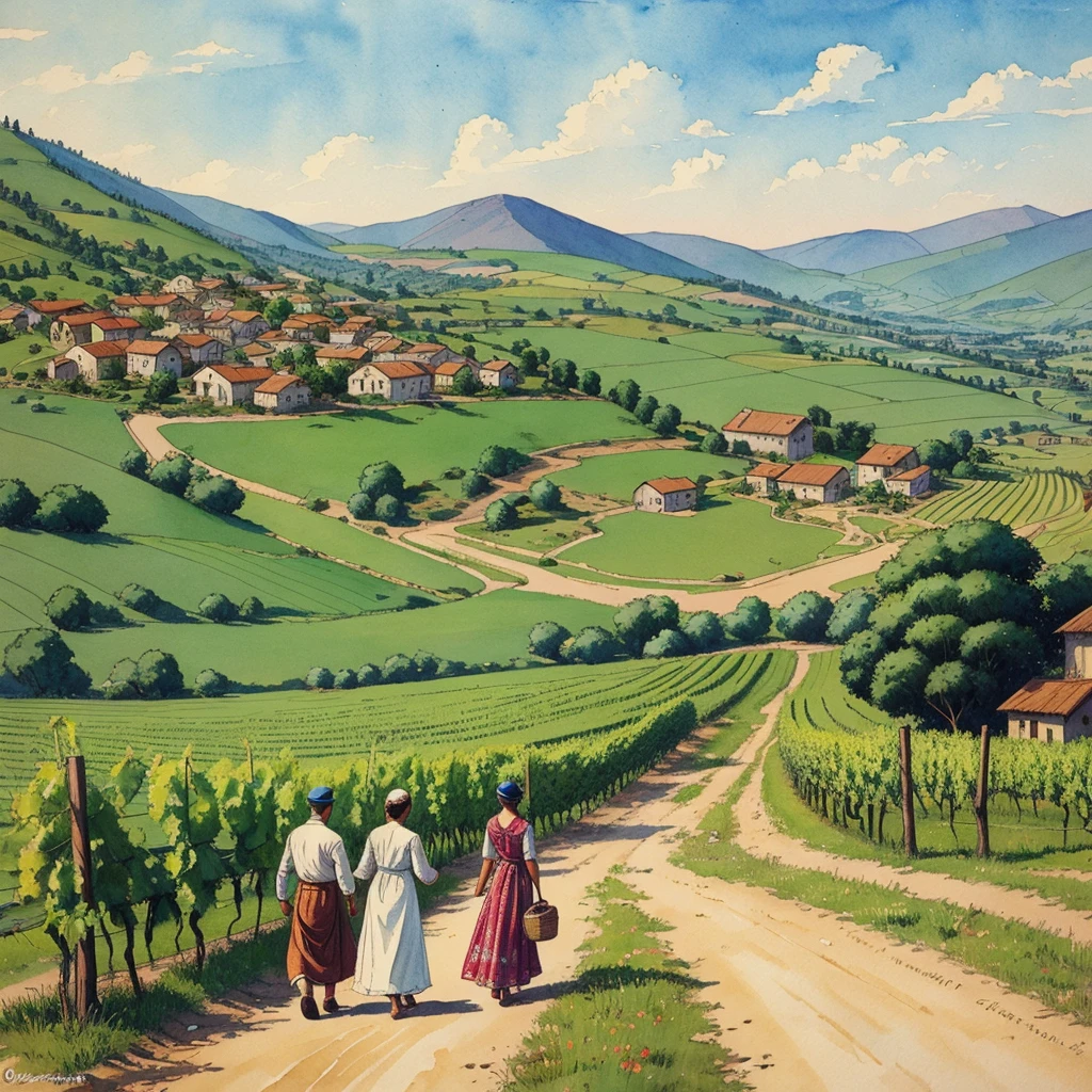 watercolor drawing in Retro-Look, a transilvanian village in the valley, full body view, rural saxones man and woman work in Vineyard on hill, Andrew Loomis style, Masterpiece work of art,  highly detailed linework reminiscent of Carne Griffiths, imbued with Wadim Kashim's bold color and texture, light and airy as Carl Larsson's compositions, featuring Pascal Blanche-style hyper-realistic characte