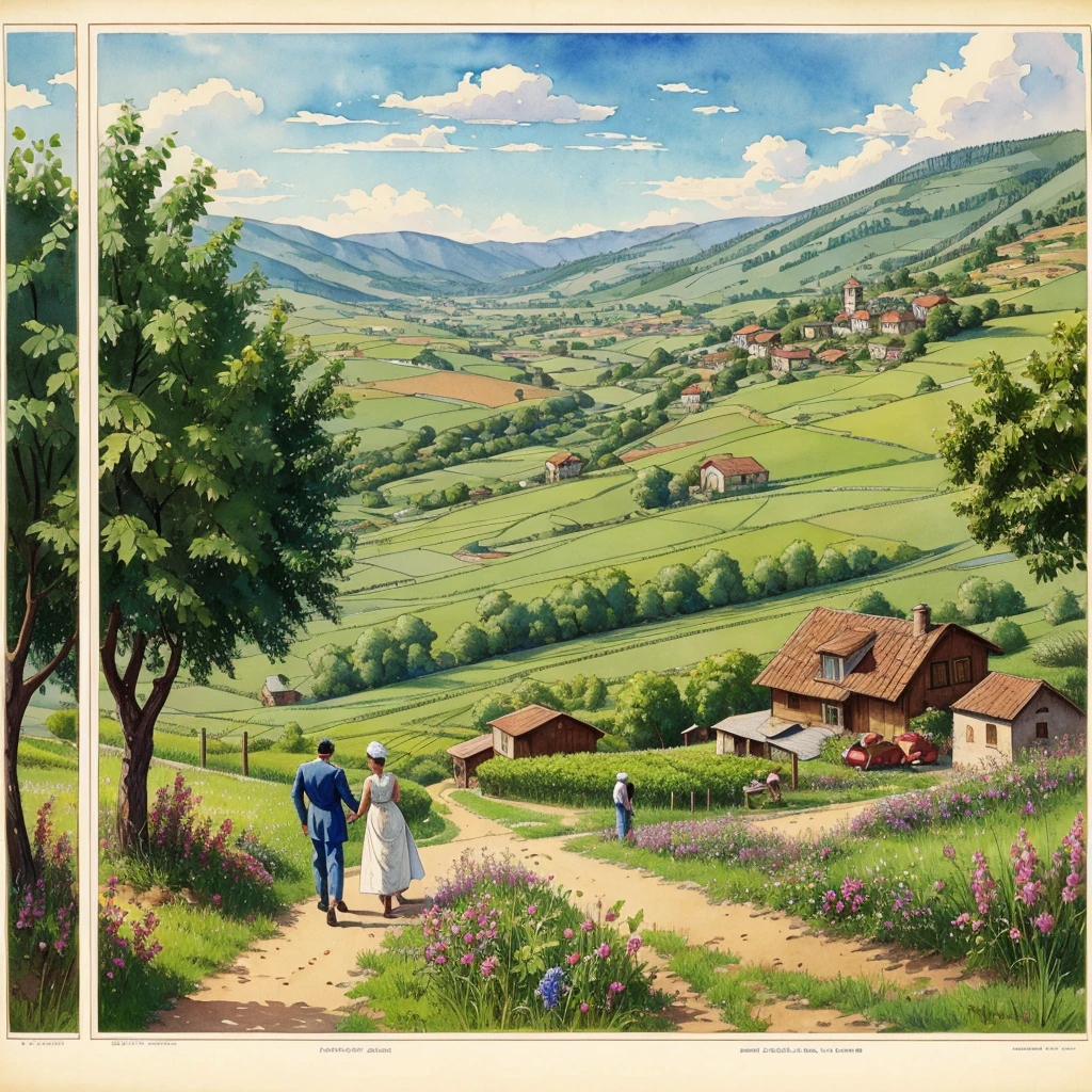 watercolor drawing in Retro-Look, a transilvanian village in the valley, full body view, rural saxones man and woman work in Vineyard on hill, Andrew Loomis style, Masterpiece work of art, highly detailed linework reminiscent of Carne Griffiths, imbued with Wadim Kashim's bold color and texture, light and airy as Carl Larsson's compositions, featuring Pascal Blanche-style hyper-realistic characte