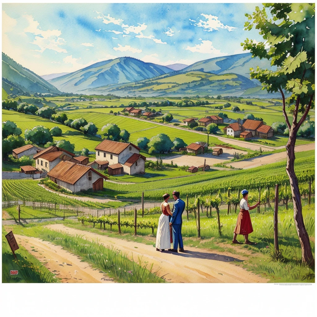 watercolor drawing in Retro-Look, a transilvanian village in the valley, full body view, rural saxones man and woman work in Vineyard on hill, Andrew Loomis style, Masterpiece work of art, highly detailed linework reminiscent of Carne Griffiths, imbued with Wadim Kashim's bold color and texture, light and airy as Carl Larsson's compositions, featuring Pascal Blanche-style hyper-realistic characte