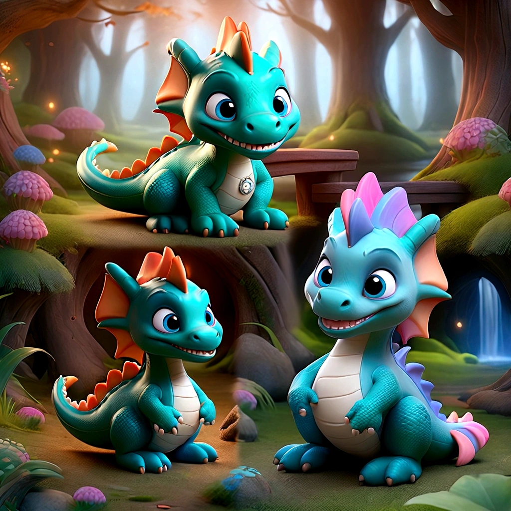 Create a Disney-style 3D children's dragon in an enchanted forest with your friends. Create 4 images with the little dragon in different positions