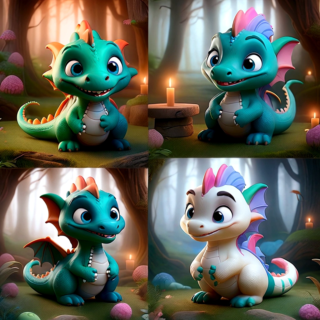 Create a Disney-style 3D children's dragon in an enchanted forest with your friends. Create 4 images with the little dragon in different positions