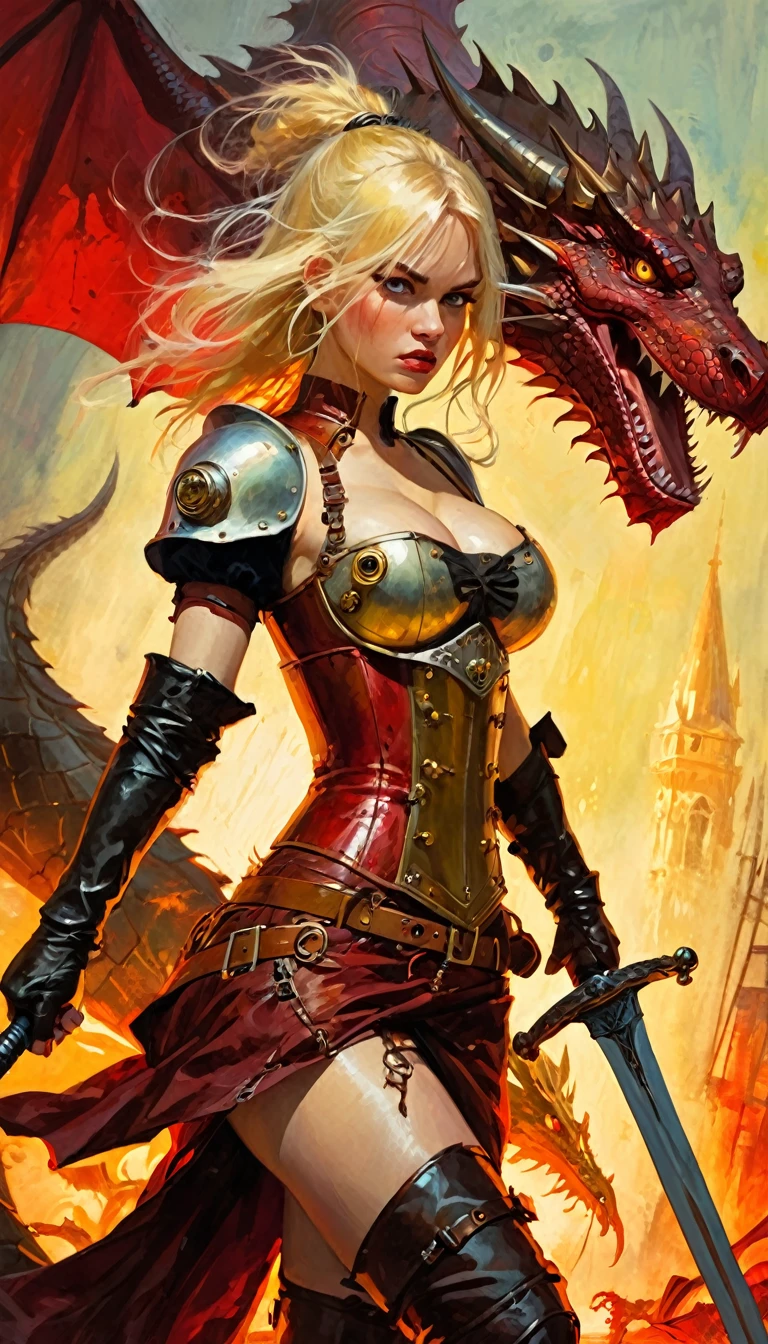 blonde girl, warrior, steampunk armor, carries a sword, marked nipples, natural breasts, fighting alongside a dragon in a bloody battle (art inspired by Bill Sienkiewicz). oil painting)
