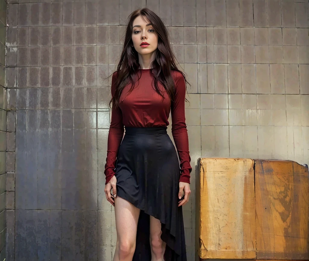 misa, realistic portrait of a beautiful young woman with long brown hair and striking blue eyes, looking directly at the camera with a soft expression, standing in a room with white walls, She is wearing a long-sleeved red blouse and a long black dress, emo style, dark style, beautiful, provocative, natural lighting, highly detailed, photorealistic, 8k, (best quality, ultra-detailed, masterpiece:1.2), (realistic:1.37), cinematic lighting, warm color tones, elegant, captivating