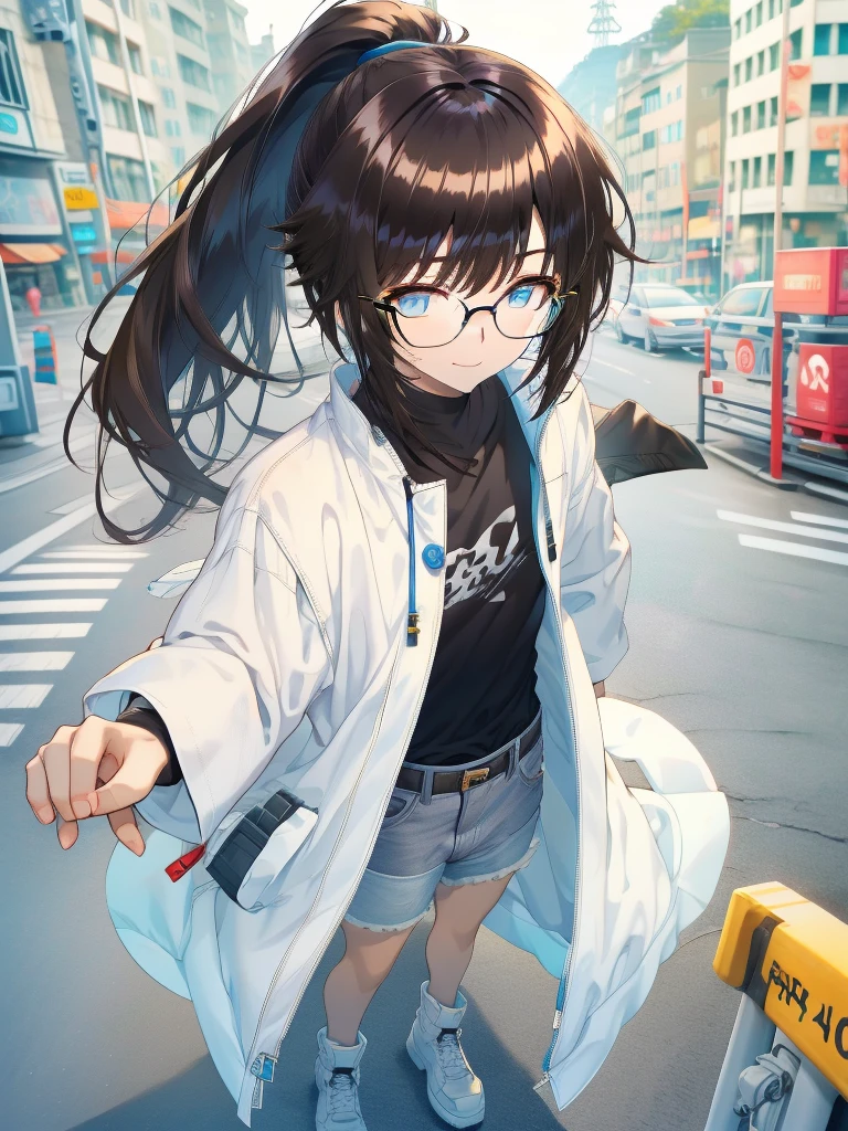 4k, 1 guy femboy, glasses, Short messy brown ponytail, blue eyes, white jacket, black t-shirt, white jean shorts, Korean bangs, tan skinned, streets background, smile, steam, bulge, full body, standing, facing camera