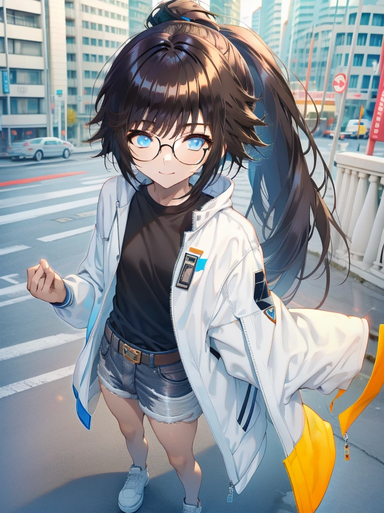 4k, 1 guy femboy, glasses, Short messy brown ponytail, blue eyes, white jacket, black t-shirt, white jean shorts, Korean bangs, tan skinned, streets background, smile, steam, bulge, full body, standing, facing camera