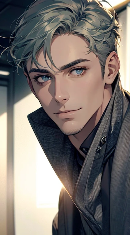 (best quality,4k,8k,highres,masterpiece:1.2),ultra-detailed,(realistic,photorealistic,photo-realistic:1.37),1 man,31 years old,mature man,very handsome,without expression,smile,short grey green hair,blue eyes,penetrating gaze,perfect face without errors,imposing posture,businessman,office background,cinematic lighting,hdr image
