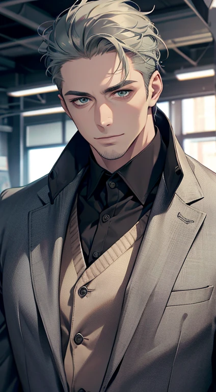 (best quality,4k,8k,highres,masterpiece:1.2),ultra-detailed,(realistic,photorealistic,photo-realistic:1.37),1 man,31 years old,mature man,very handsome,without expression,smile,short grey green hair,blue eyes,penetrating gaze,perfect face without errors,imposing posture,businessman,office background,cinematic lighting,hdr image