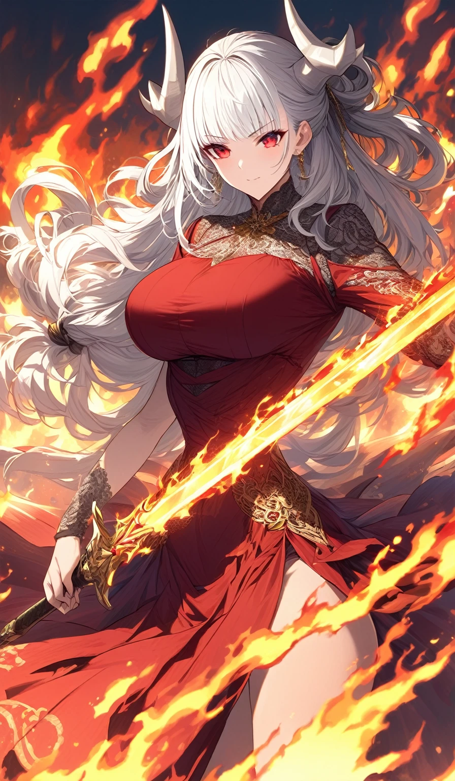 A masterpiece, very detailed, ultra detailed, one, (1 woman), athletic body, six press packs, she is in a ballroom lace red dress with bright gold details, with a fiery sword in her hand and in a standing and fighting position, super mature, tall, milf-style, mature mother, long hair, bright white hair and wild bangs and tied hair, white demonic horns, beautiful, charming, bright blood-red eyes, elegant, large breasts, neutral face, calm face, charming, against the background of fire, flame and lava.