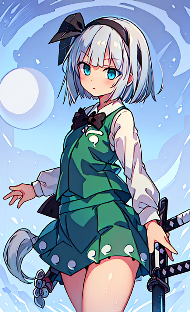 masterpiece,Highest quality,1 Girl,alone,Pokémon-like art style,(bold:1.6),(flat:1.5), Very big , WHITE HAIR,SHORT HAIR,HAIR RIBBON,HAIRBAND, GREEN EYES,BOW,WHITE SHIRT,GREEN VEST,GREEN SKIRT, KONPAKU YOUMU (GHOST), SHORT_HAIR, RIBBON, HAIRBAND, BLACK_HAIRBAND, HAIR_RIBBON, BLACK_RIBBON, BANGS, WHITE_HAIR, VEST, BLUE_EYES, GREEN_VEST, SWORD, KATANA, HITODAMA, BOW, BLUSH, BLACK_BOW, GREY_HAIR, 