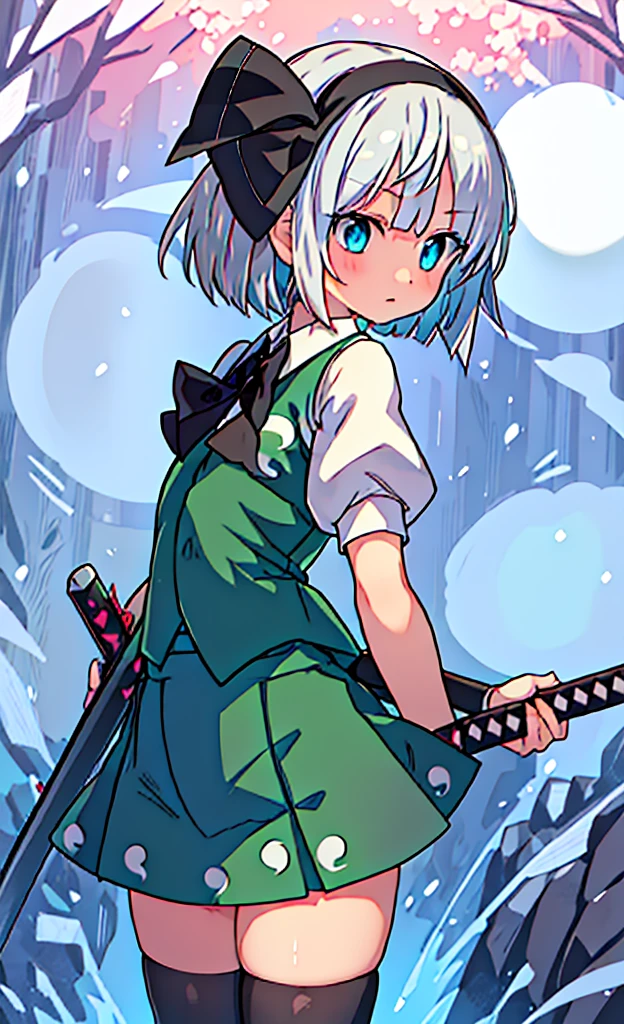 masterpiece,Highest quality,1 Girl,alone,Pokémon-like art style,(bold:1.6),(flat:1.5), Very big , WHITE HAIR,SHORT HAIR,HAIR RIBBON,HAIRBAND, GREEN EYES,BOW,WHITE SHIRT,GREEN VEST,GREEN SKIRT, KONPAKU YOUMU (GHOST), SHORT_HAIR, RIBBON, HAIRBAND, BLACK_HAIRBAND, HAIR_RIBBON, BLACK_RIBBON, BANGS, WHITE_HAIR, VEST, BLUE_EYES, GREEN_VEST, SWORD, KATANA, HITODAMA, BOW, BLUSH, BLACK_BOW, GREY_HAIR, 