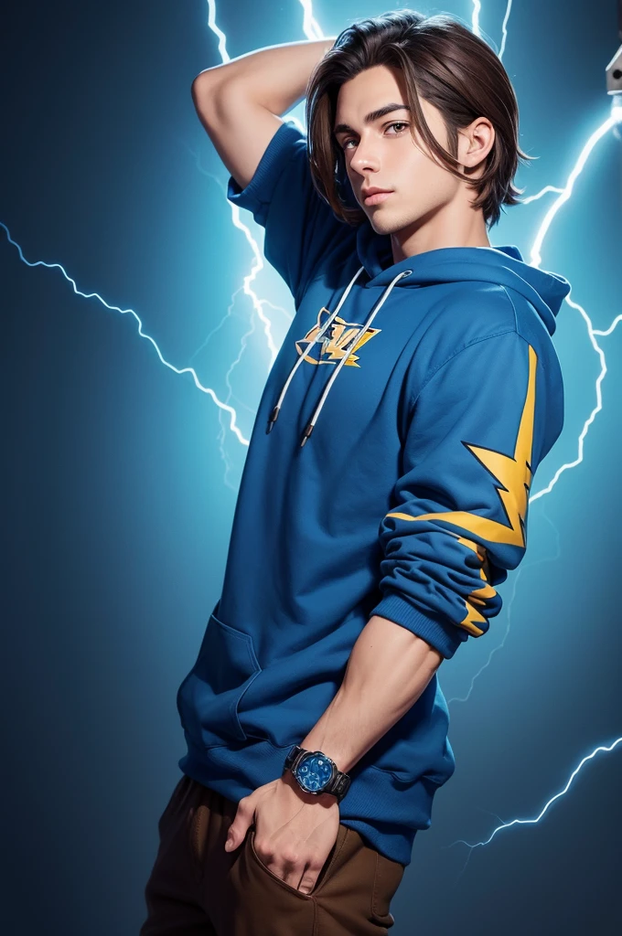 I want a male cartoon character with straight brown hair brown eyes with a blue and black sweatshirt written "sagacious" with blue background with lightning