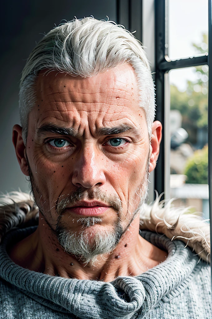(8k, photo and gross, of the highest quality),(realistic epic:1.5), a musclebear man, dynamic posture,cold face,It lasts,(detailed eyes:0.8),(looking to the camera:1.4), (of the highest quality), (best shadow),intricate details,cinematographic,((fur:1.4)),interior, (Gray White Hair Low Fade:1.3),green house,(HDR:1.5),detailed, muted colors, moles, bust shot, (wear woolen It lastss), (green eyes), close up, 70 years, muscular, white and gray hair, Awesome, Cold look, Pope