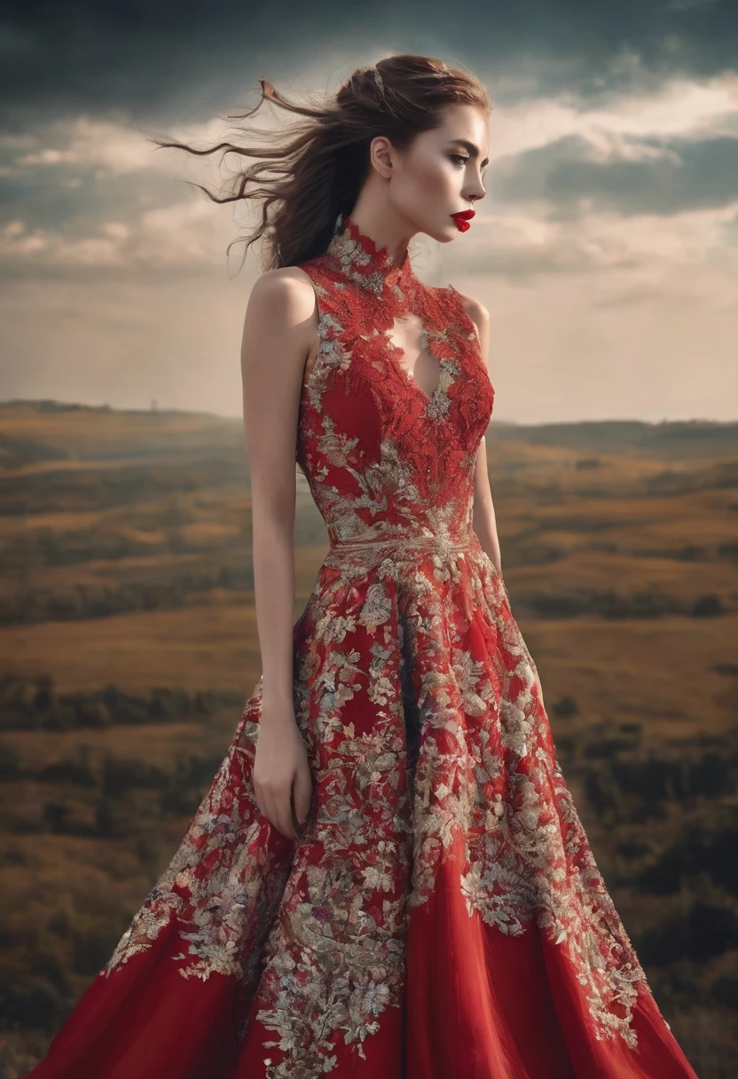 Create an image where a girl with red lipstick, long and beautiful dress. He&#39;s chasing an old PLANE in flight.
In an aerial zone 