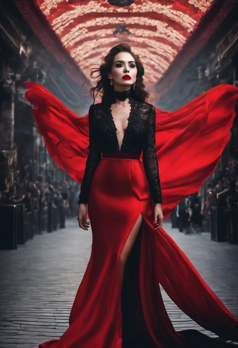 Create an image where a girl with red lipstick, long and beautiful dress. He&#39;s chasing an old PLANE in flight.
In an aerial zone 