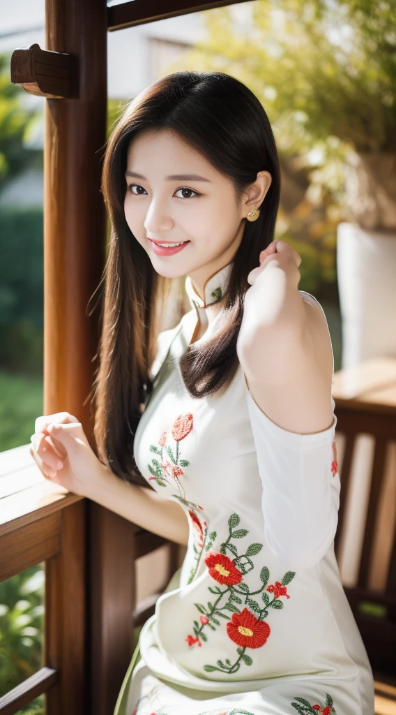 ulzzang-6500-v1.1,(masterpiece, best quality:1.3),(Top image quality,8K:1.3),realistic high-quality photos,Top quality,real, Reality, 8K, Japanese, Delicate and beautiful girl，Very good atmosphere，Eyes sparkling，20 years old, Attractive eyes and moist lips，Black long hair，（Smile：1.3），Facial details，Detailed description of facial features ,Fine details，Detailed description of hair，My body is bumpy，Detailed depiction of hands，Detailed clothing，Perfect face，4 fingers and 1 thumb：1.3），Orthognathic，Necklace，Ear drops, masterpiece，extremely close to reality，（full-body shot：1.5），Best image quality，best quality，Endless details，(((Beautiful pattern embroidery Chinese dress 1.3)))，((White cheongsam)))，（Courtyard Scene：1.3）,laughter, Thin waist, Sexy pose,A bold gesture, Long skirt with slits, Full breasts, Hair tied neatly