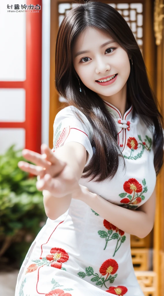 ulzzang-6500-v1.1,(masterpiece, best quality:1.3),(Top image quality,8K:1.3),realistic high-quality photos,Top quality,real, Reality, 8K, Japanese, Delicate and beautiful girl，Very good atmosphere，Eyes sparkling，20 years old, Attractive eyes and moist lips，Black long hair，（Smile：1.3），Facial details，Detailed description of facial features ,Fine details，Detailed description of hair，My body is bumpy，Detailed depiction of hands，Detailed clothing，Perfect face，4 fingers and 1 thumb：1.3），Orthognathic，Necklace，Ear drops, masterpiece，extremely close to reality，（full-body shot：1.5），Best image quality，best quality，Endless details，(((Beautiful pattern embroidery Chinese dress 1.3)))，((White cheongsam)))，（Courtyard Scene：1.3）,laughter, Thin waist, Sexy pose,A bold gesture, Long skirt with slits, Full breasts, Hair tied neatly