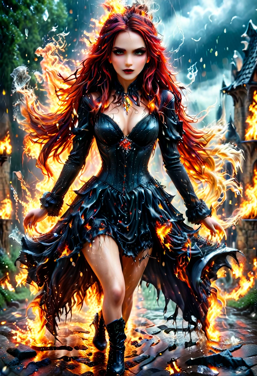 a sorceress of fire making fire dance in a the (storm of rain: 1.3), a most exquisite beautiful sorceress, controlling fire manipulating fire, a woman, dynamic hair color, dynamic hair style, (most beautiful face: 1.3), (ultra detailed face: 1.2), wet hair, wet face, dynamic eyes color, full body shot, wearing dress made of fire, wearing intricate high heels, light make up, dancing in courtyard of a fantasy castle background, ((heavy rain drops: 1.1)), clouds in the sky, (anatomically correct: 1.4), (full body shot: 1.1) , vibrant, Ultra-high resolution, High Contrast, (masterpiece:1.5), highest quality, Best aesthetics), best details, best quality, highres, ultra wide angle, 16k, [ultra detailed], masterpiece, best quality, (extremely detailed), faize, Intense gaze, goth person
