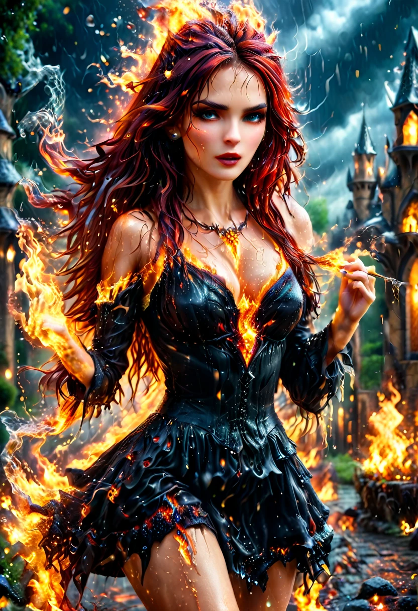 a sorceress of fire making fire dance in a the (storm of rain: 1.3), a most exquisite beautiful sorceress, controlling fire manipulating fire, a woman, dynamic hair color, dynamic hair style, (most beautiful face: 1.3), (ultra detailed face: 1.2), wet hair, wet face, dynamic eyes color, full body shot, wearing dress made of fire, wearing intricate high heels, light make up, dancing in courtyard of a fantasy castle background, ((heavy rain drops: 1.1)), clouds in the sky, (anatomically correct: 1.4), (full body shot: 1.1) , vibrant, Ultra-high resolution, High Contrast, (masterpiece:1.5), highest quality, Best aesthetics), best details, best quality, highres, ultra wide angle, 16k, [ultra detailed], masterpiece, best quality, (extremely detailed), faize, Intense gaze, goth person