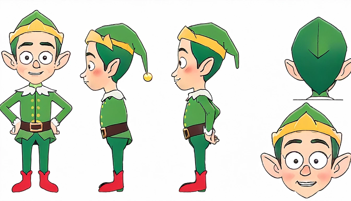 1 male Christmas elf,frond an side, multiple views, front and side beautiful, masterpiece, best quality, perfect lighting,8k,simple white background ,SFW.