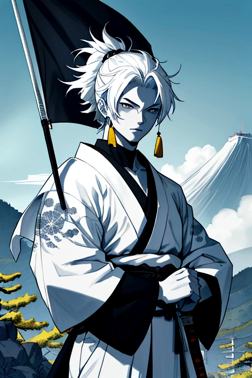 male character,White skin,Samurai warrior,detailed shadows on the body,holding a flag of black and white lines,background of a relief of a Japanese mountain,blue sky,yellow sun,ground full of vegetation