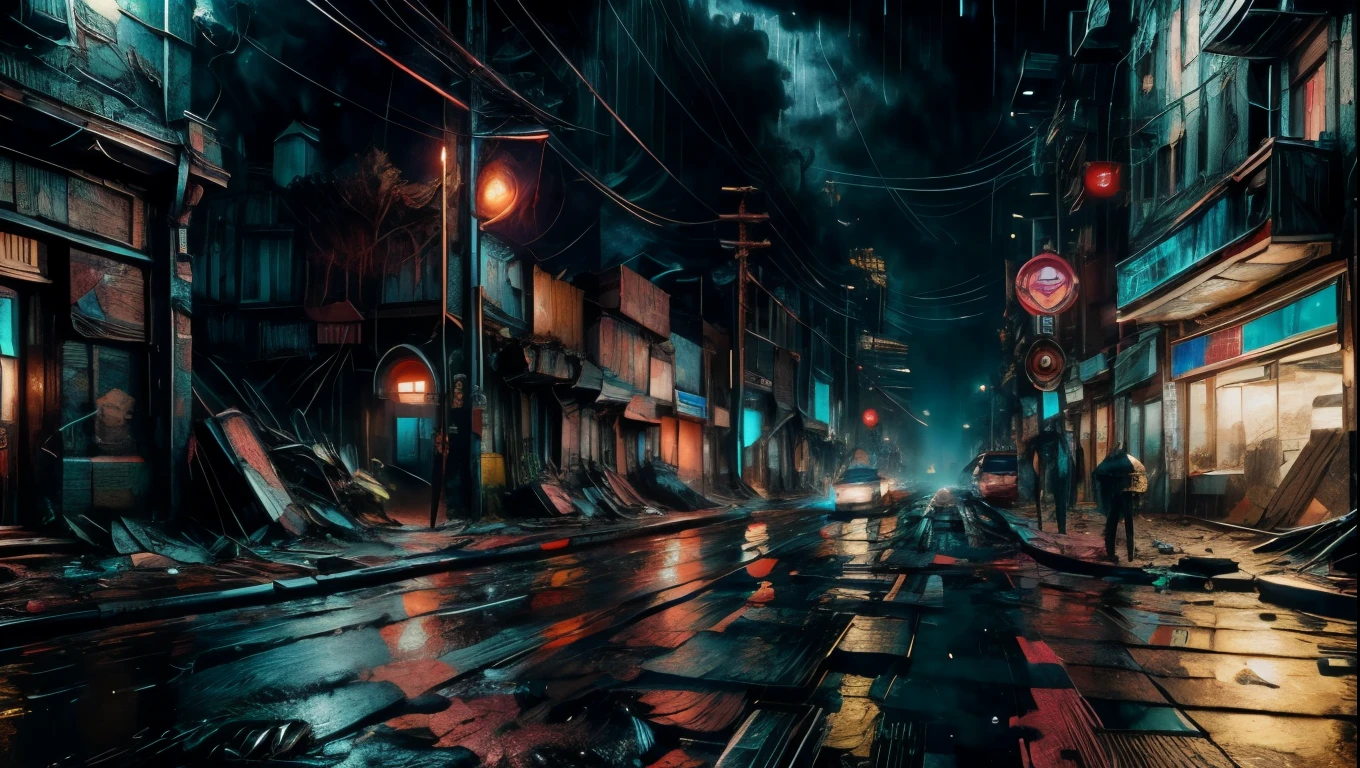 a dilapidated abandoned cyberpunk house at night, rain pouring down, wet roads, dark cloudy sky, smoke and dirt, atmospheric lighting, cyberpunk city, cinematic mood, dramatic shadows, gritty realism, award winning composition, hyper detailed, intricate details, photographic quality, professional photography, masterpiece, skulls on a background