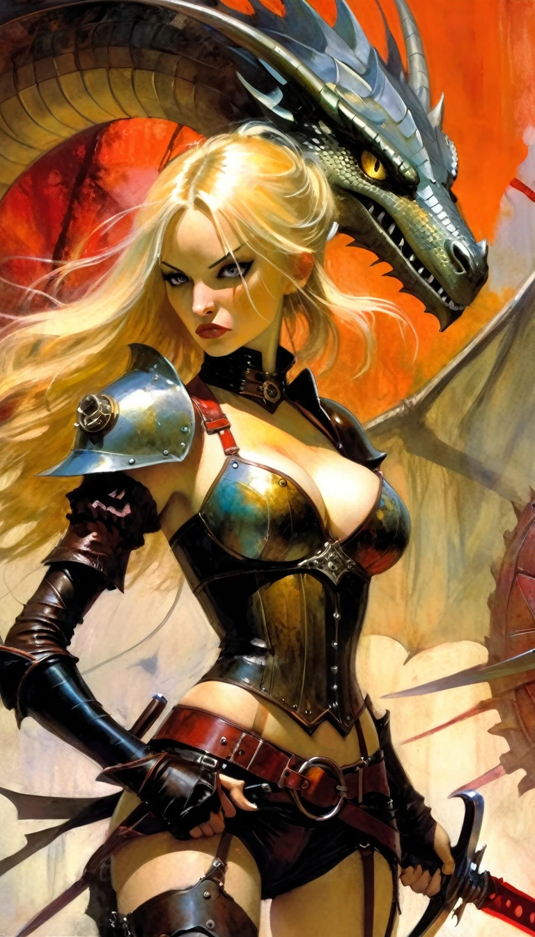 blonde girl, warrior, steampunk armor, carries a sword, marked nipples, natural breasts, fighting alongside a dragon in a bloody battle (art inspired by Bill Sienkiewicz). oil painting)
