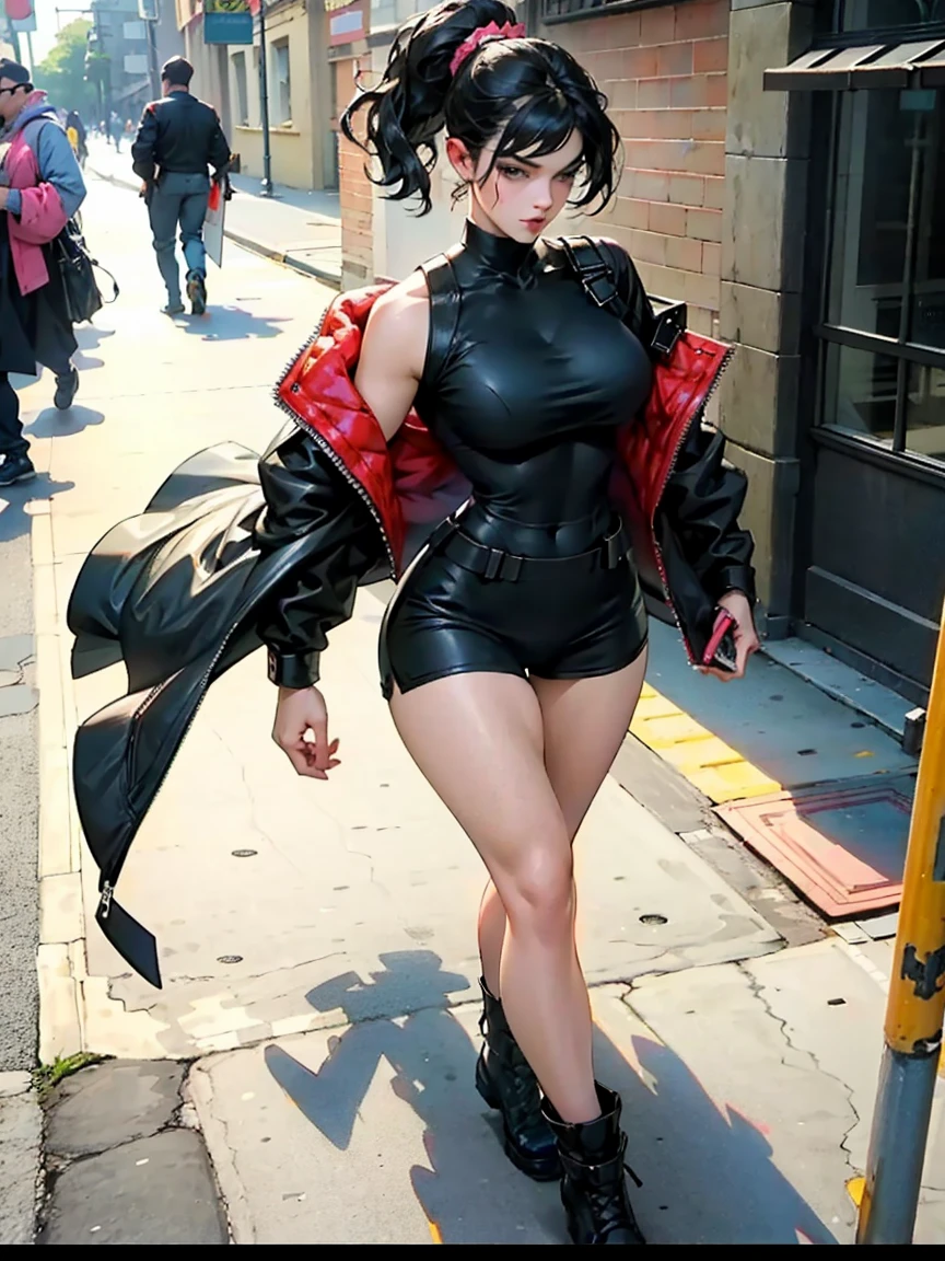 Beautiful man short black hair defined body big breasts, wearing batgirl, walking on the street