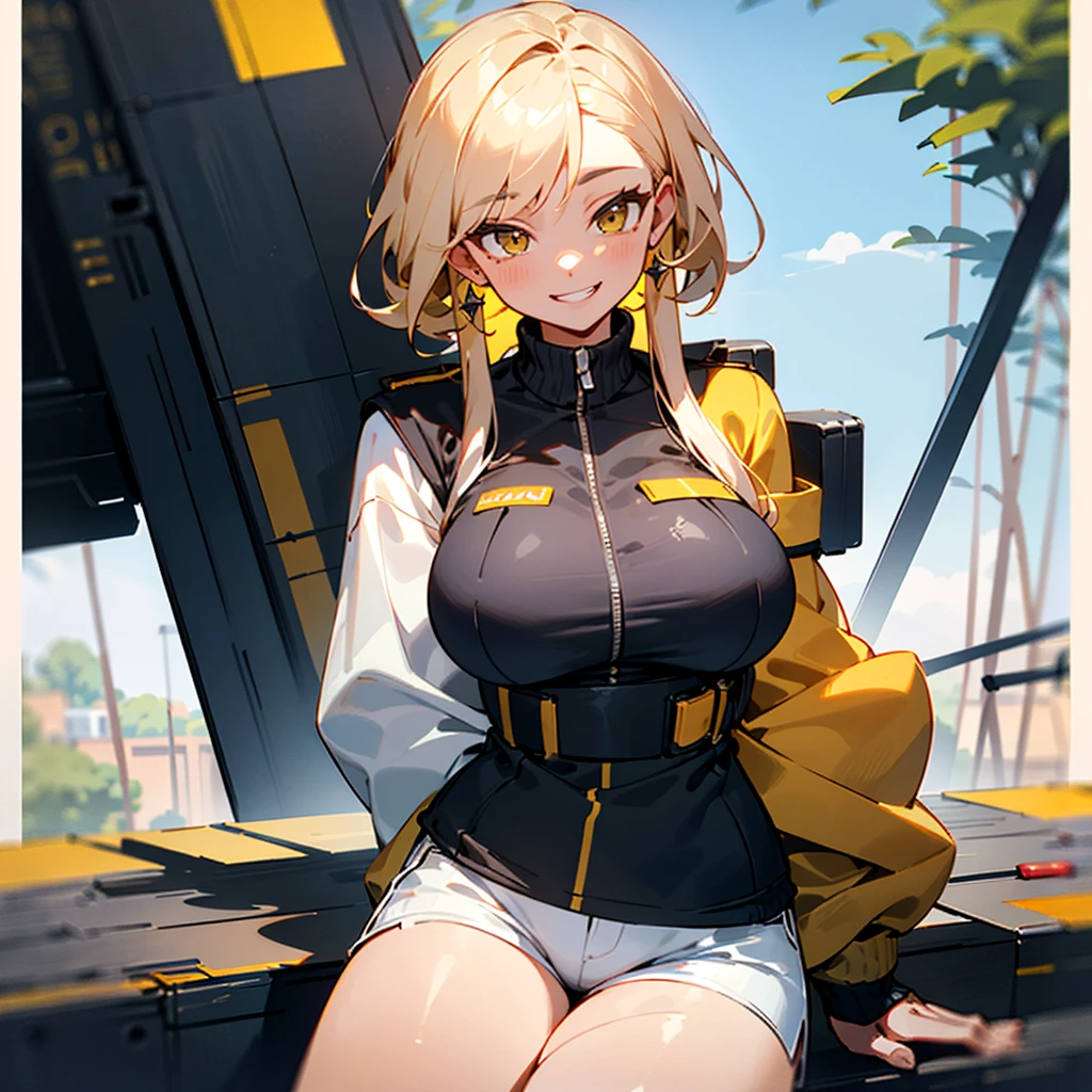 ((best quality)), ((masterpiece)), (detailed), off-shoulder sweater, Transparent body, Visible veins, Highly detailed, Upper body, one girl, young Korean woman with yellow sandy hair, beautiful Korean face, tanned skin of a dark, bronze hue, huge chest, predatory grin, smile of dangerous temptation, dressed in an open military jacket with rolled up sleeves, no underwear, pussy visible through white tight shorts and panties, sitting on the roof of a warehouse with ammunition, against the backdrop of a forest and bright sun, next to there is a bulletproof vest and a SCAR machine gun,