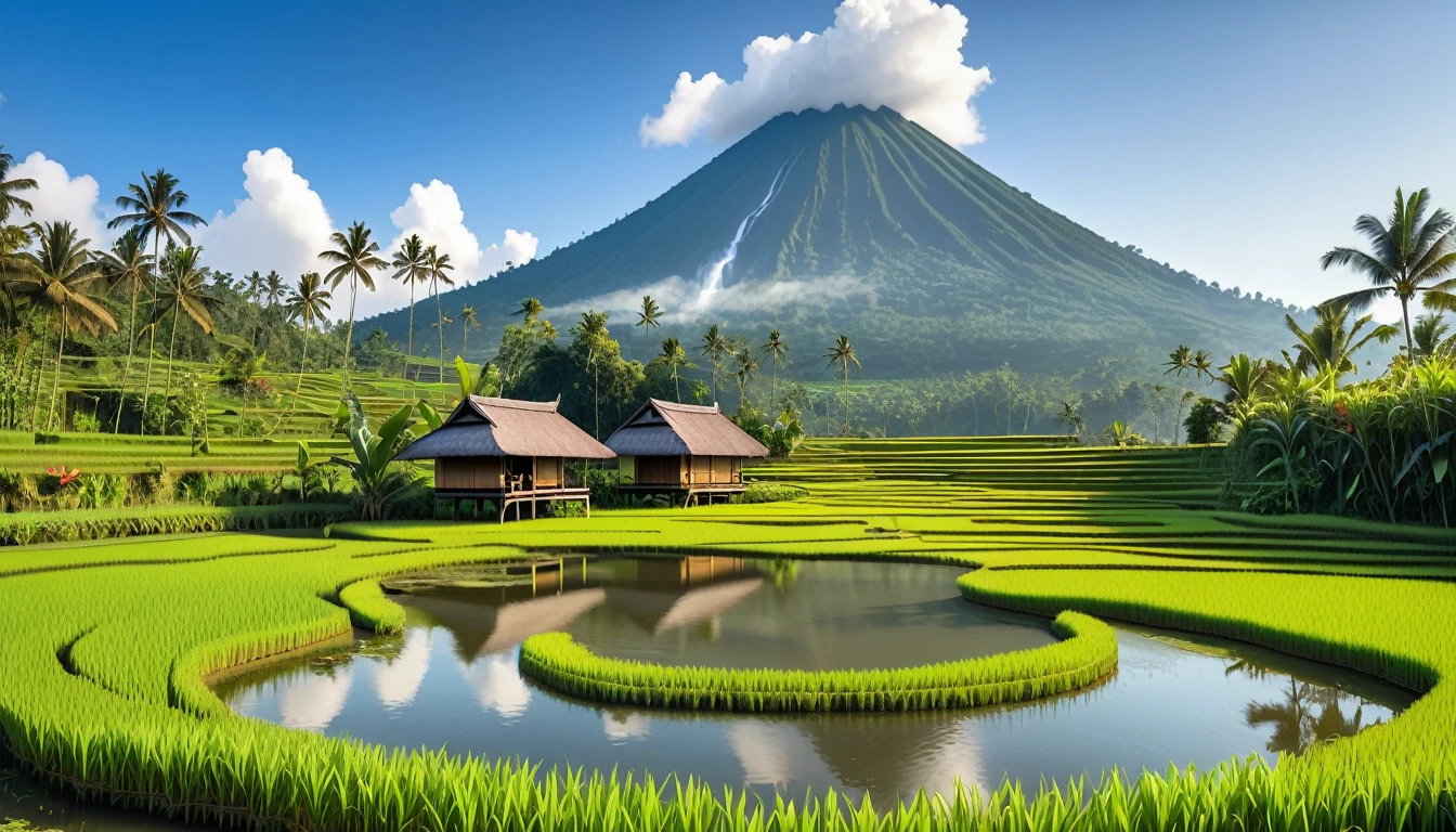 The waterfall flows from small cliffs of Bali into a lake. There is a small hut surrounded by tropical forest plants, volcano in the background and no clouds, vast rice fields full of rice plants, cloudless blue sky, no clouds, vibrant and realistic photography.