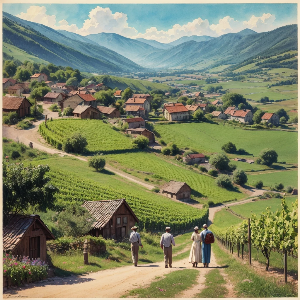 watercolor drawing in Retro-Look, a transilvanian village in the valley, full body view, rural saxones man and woman work in Vineyard on hill, Andrew Loomis style, Masterpiece work of art, highly detailed linework reminiscent of Carne Griffiths, imbued with Wadim Kashim's bold color and texture, light and airy as Carl Larsson's compositions, featuring Pascal Blanche-style hyper-realistic characte
