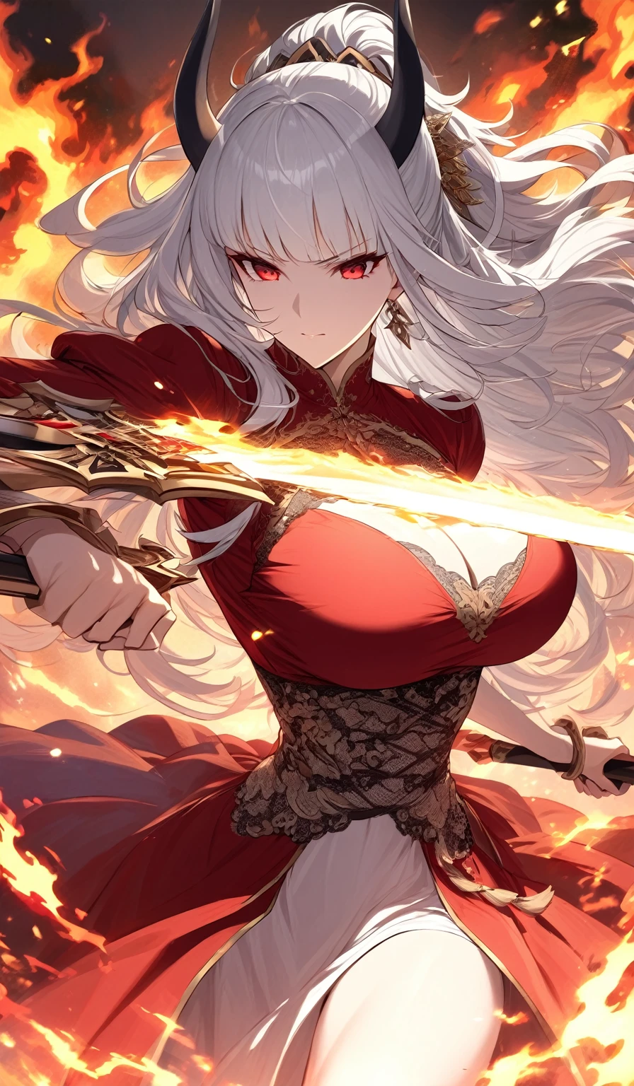 A masterpiece, very detailed, ultra detailed, one, (1 woman), athletic body, six press packs, she is in a ballroom lace red dress with bright gold details, with a fiery sword in her hand and in a standing and fighting position, super mature, tall, milf-style, mature mother, long hair, bright white hair and wild bangs and tied hair, white demonic horns, beautiful, charming, bright blood-red eyes, elegant, large breasts, neutral face, calm face, charming, against the background of fire, flame and lava.