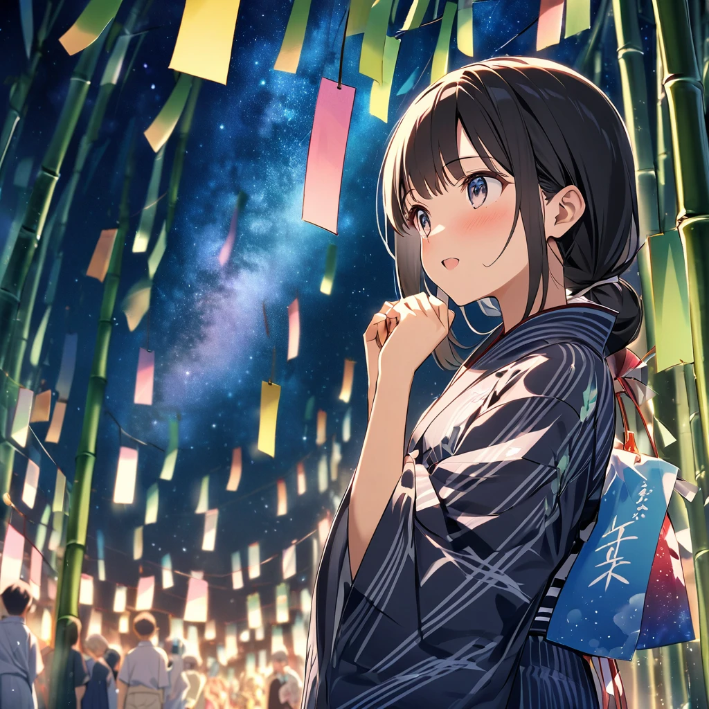 Milky Way in the night sky
break
There are many bamboo decorations for Tanabata.
break
A town at night decorated with Tanabata bamboo、****************、Yukata, 