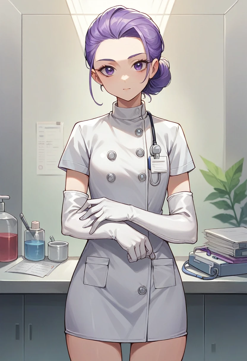 1girl, ((white elbow gloves)), ((surgical gloves)), ((latex gloves)), ((purple surgeon outfit)), looking at viewer, ((doctor)), ((long sleeves)), standing, solo