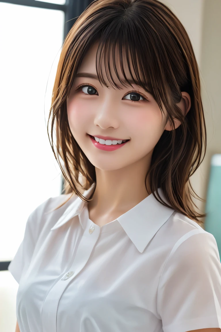 Highest quality, (beautiful)、Brown Hair、Short Sleeve Business Shirt、School ribbon close-up、smile、looking at the camera、Big