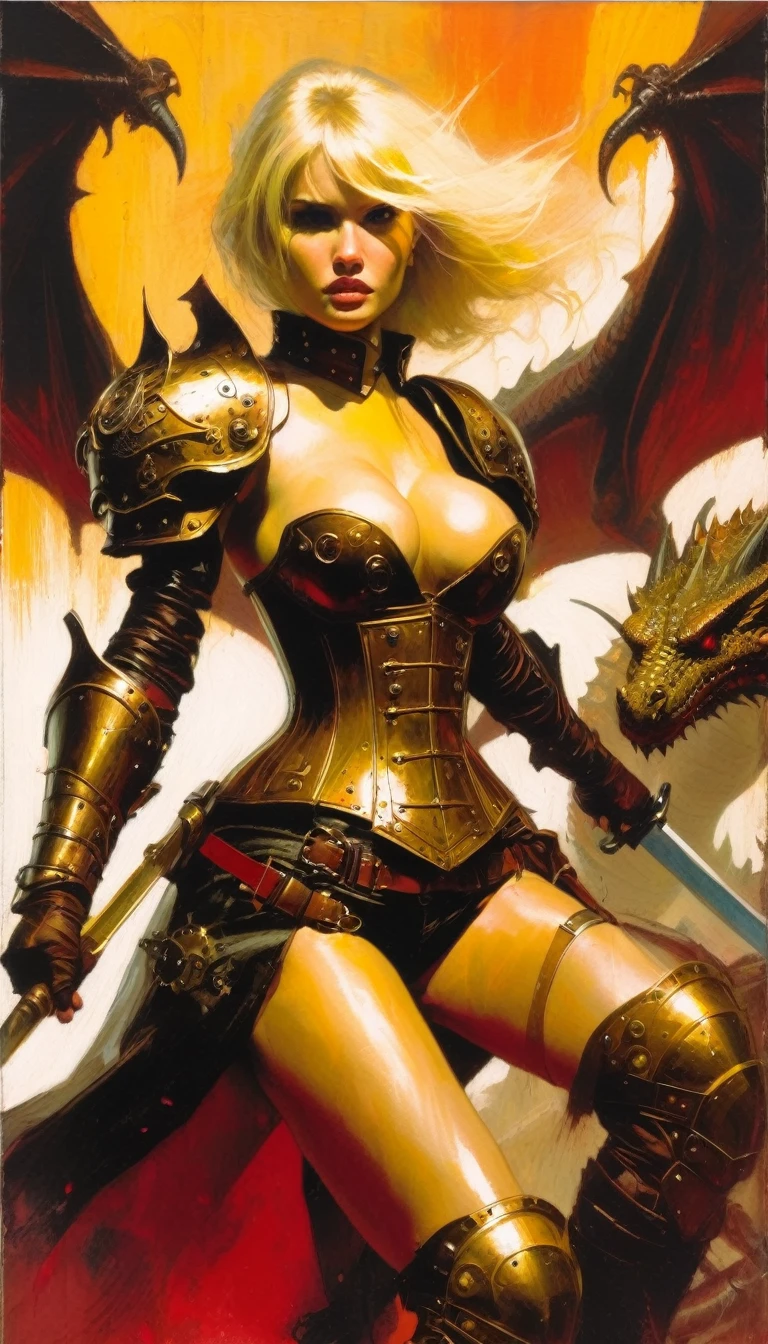 blonde girl, warrior, steampunk armor, carries a sword, marked nipples, natural breasts, fighting alongside a dragon in a bloody battle (art inspired by Bill Sienkiewicz). oil painting)
