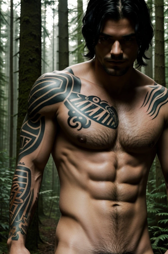 ((Best Quality)), ((Masterpiece)), (detailed), 1 man (sexy killer) , shirtless with tattoos and black hair in a forest
