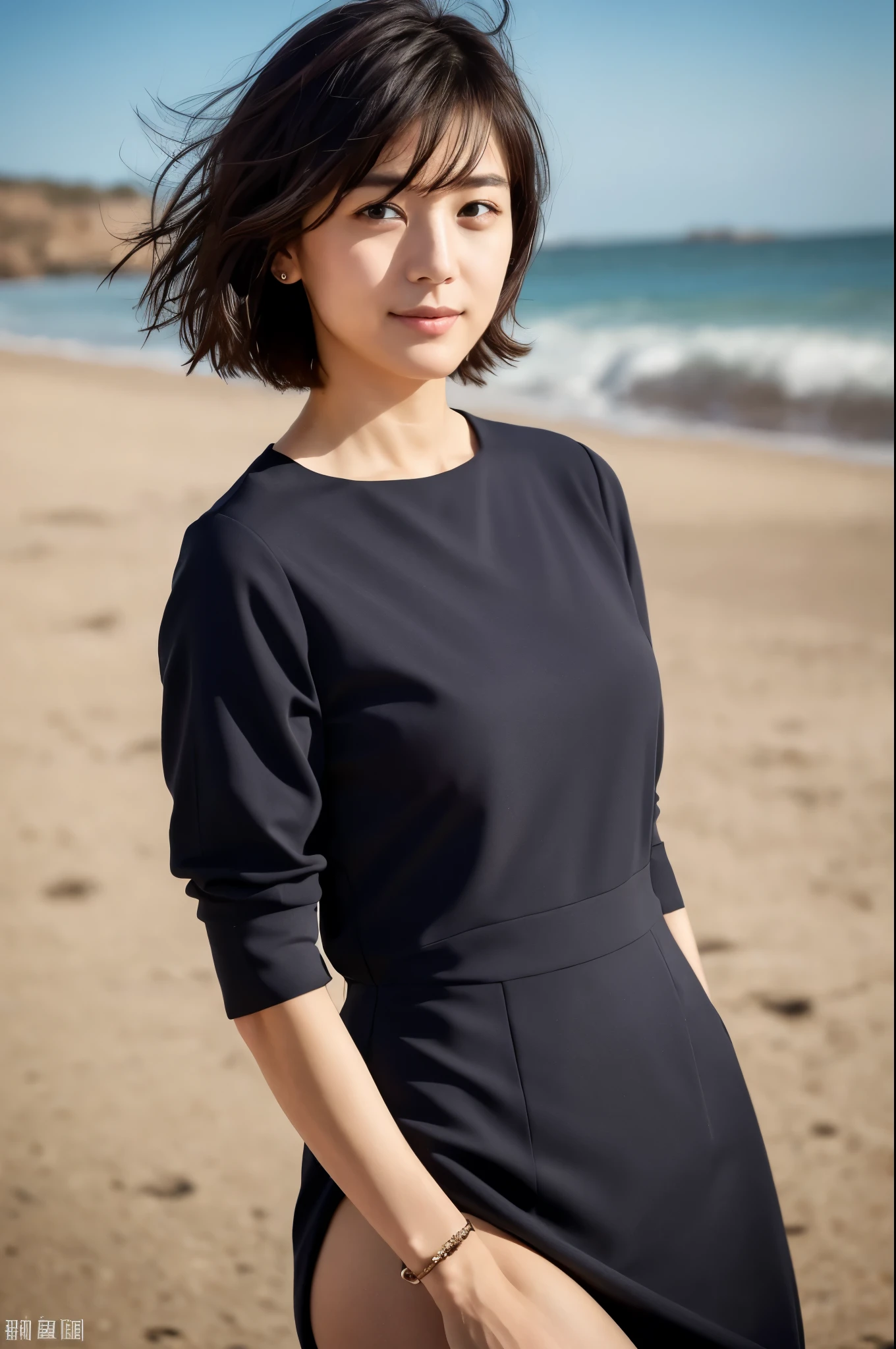 You are a professional photographer。 , short hair blown by the wind. She has a faint smile , Perfect Eyes, Perfect hands, Perfect body, Perfect Hair, Accurate身体, masterpiece, Accurate, Anatomically correct, Rough skin, Very detailed, Advanced Details, high quality, 最high quality, High resolution, 16K, 8K, Looking into the camera,Bold dresses、Thighs