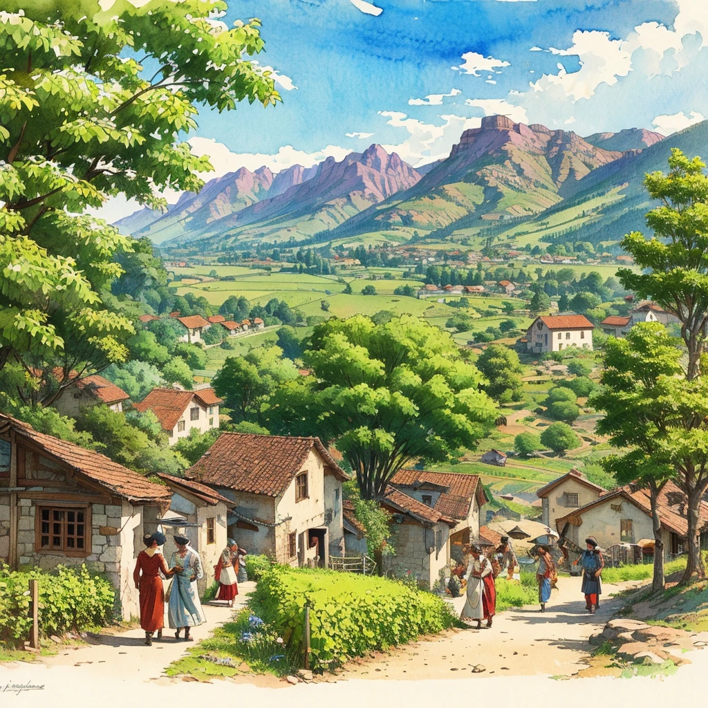 watercolor drawing in Retro-Look, a transilvanian village in the valley, full body view, rural saxones man and woman work in Vineyard on hill, Andrew Loomis style, Masterpiece work of art, highly detailed linework reminiscent of Carne Griffiths, imbued with Wadim Kashim's bold color and texture, light and airy as Carl Larsson's compositions, featuring Pascal Blanche-style hyper-realistic characte