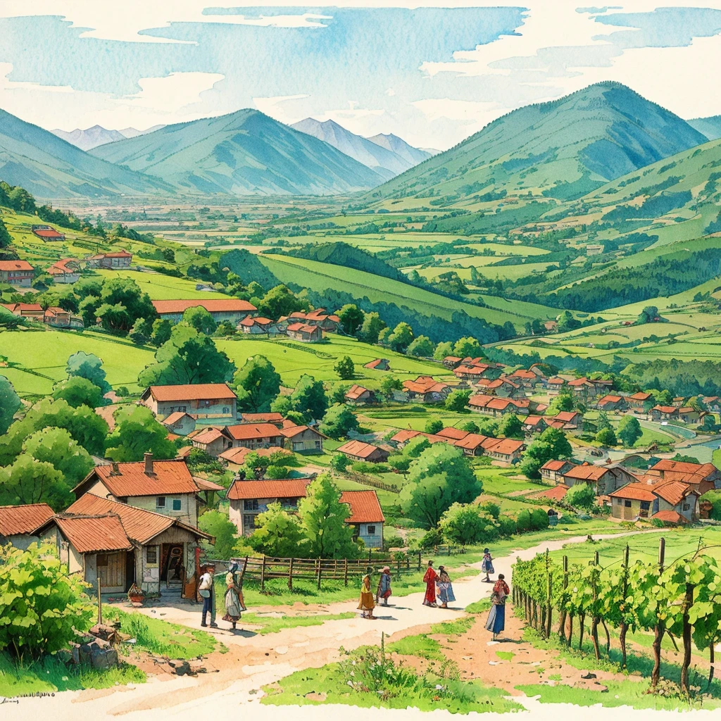 watercolor drawing in Retro-Look, a transilvanian village in the valley, full body view, rural saxones man and woman work in Vineyard on hill, Andrew Loomis style, Masterpiece work of art, highly detailed linework reminiscent of Carne Griffiths, imbued with Wadim Kashim's bold color and texture, light and airy as Carl Larsson's compositions, featuring Pascal Blanche-style hyper-realistic characte
